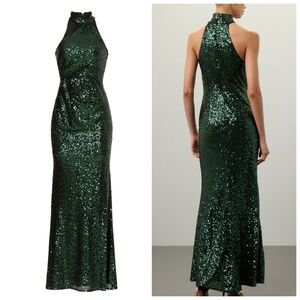 Badgley Mischka Green Sequin Halter Asymmetrical Gown Emerald Hunter - Size 0
